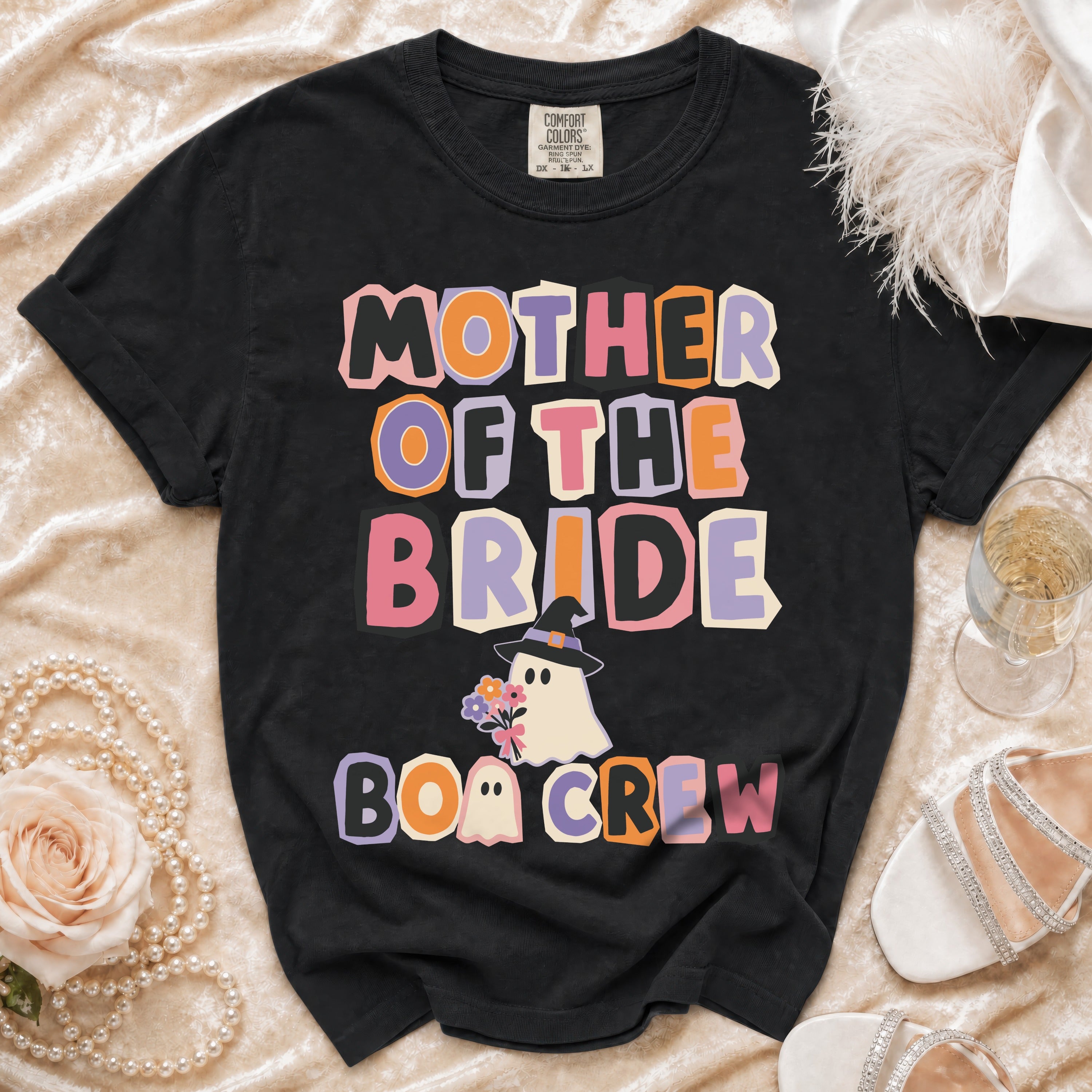 Black t-shirt with "Mother of the Bride Boo Crew" text and ghost graphic.