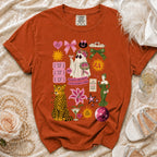 Orange t-shirt with "Mother of the Bride" graphics including a ghost, leopard, and flowers.