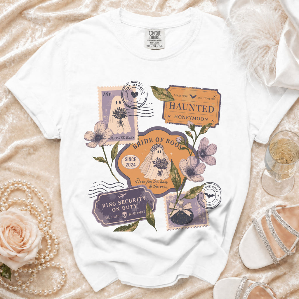 White t-shirt with vintage-style "Bride of Boos" Halloween wedding graphics and text.