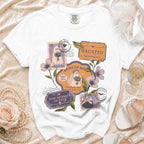 White t-shirt with vintage-style "Bride of Boos" Halloween wedding graphics and text.