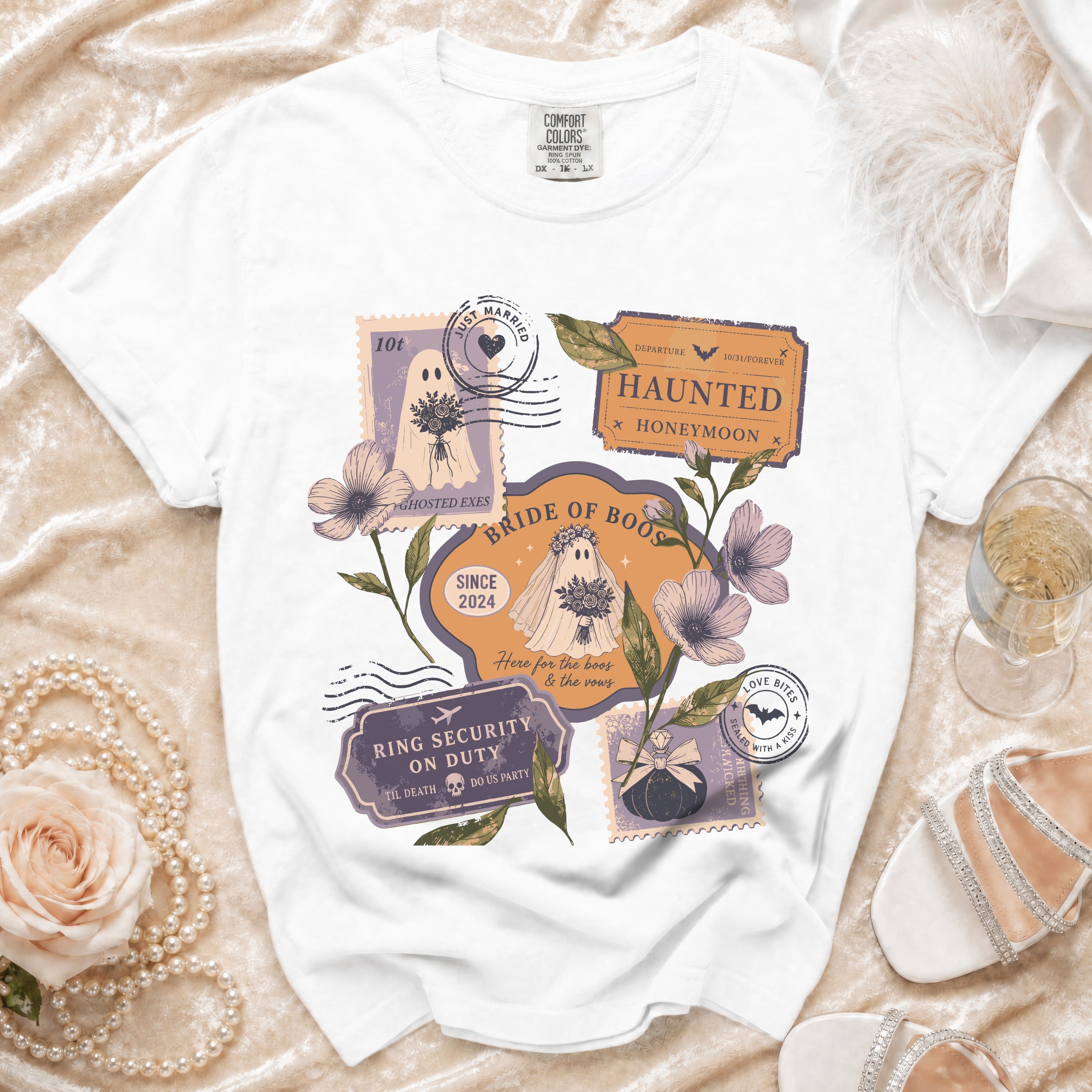 White t-shirt with vintage-style "Bride of Boos" Halloween wedding graphics and text.