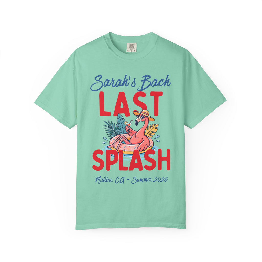 Mint t-shirt with "Sarah's Bach LAST SPLASH" and flamingo graphic.