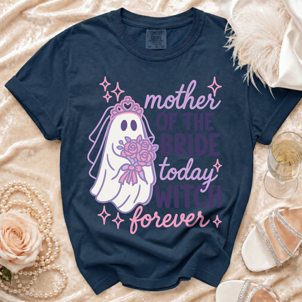 Navy t-shirt with ghost bride graphic saying "mother of the bride today witch forever."