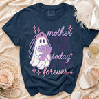 Navy t-shirt with ghost bride graphic saying "mother of the bride today witch forever."