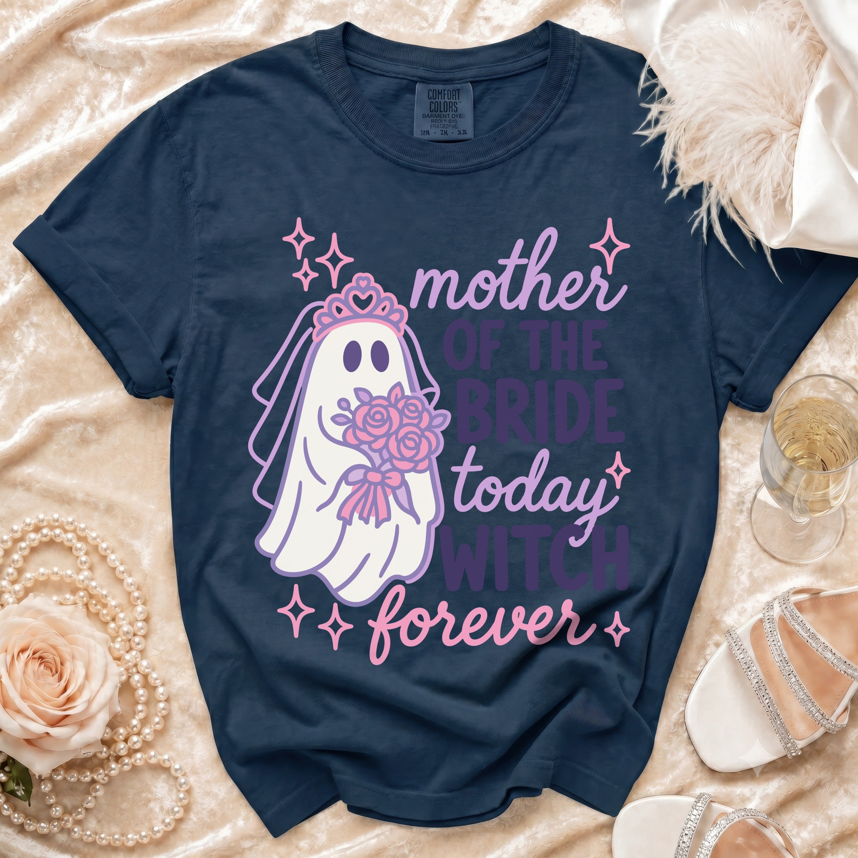Navy t-shirt with ghost bride graphic saying "mother of the bride today witch forever."