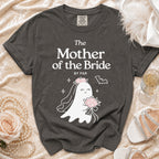 Dark grey t-shirt with "The Mother of the Bride BY PAR" text and bride ghost graphic.