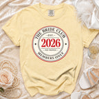 Yellow t-shirt with "The Bride Club Est. 2026 Members Only" graphic.