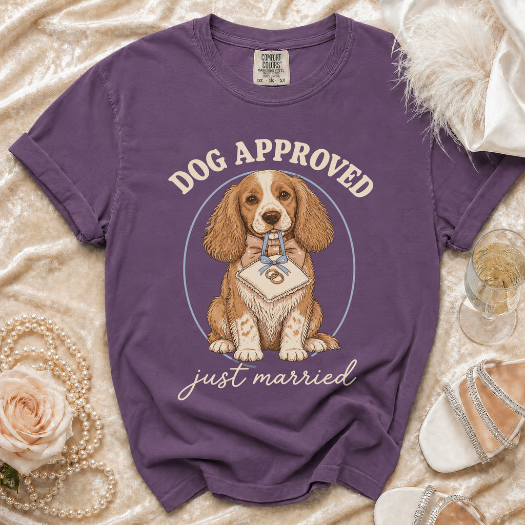 Purple t-shirt with "Dog Approved Just Married" graphic of a dog with rings.
