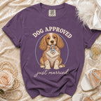 Purple t-shirt with "Dog Approved Just Married" graphic of a dog with rings.