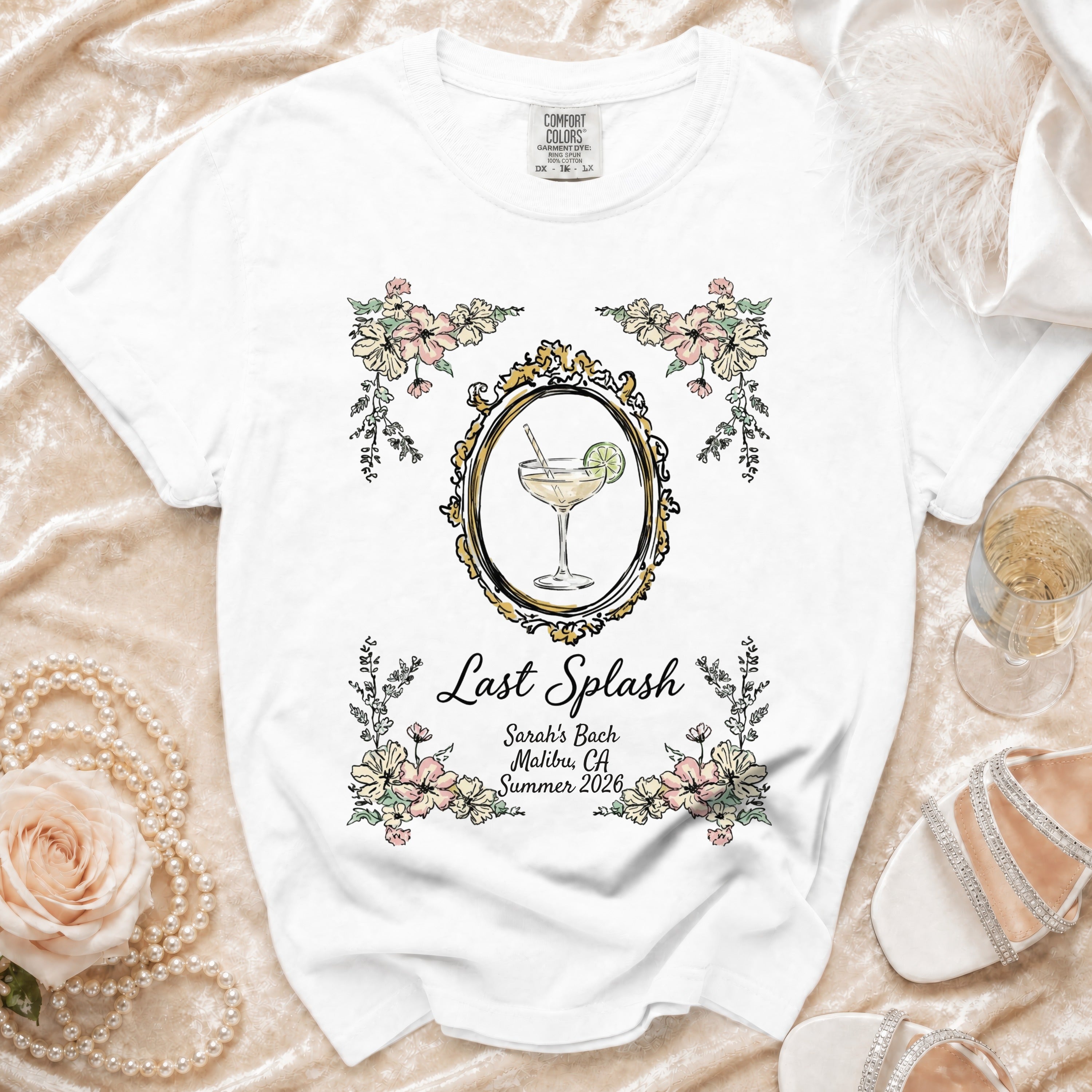 White t-shirt with "Last Splash Sarah's Bach Malibu, CA Summer 2026" design.