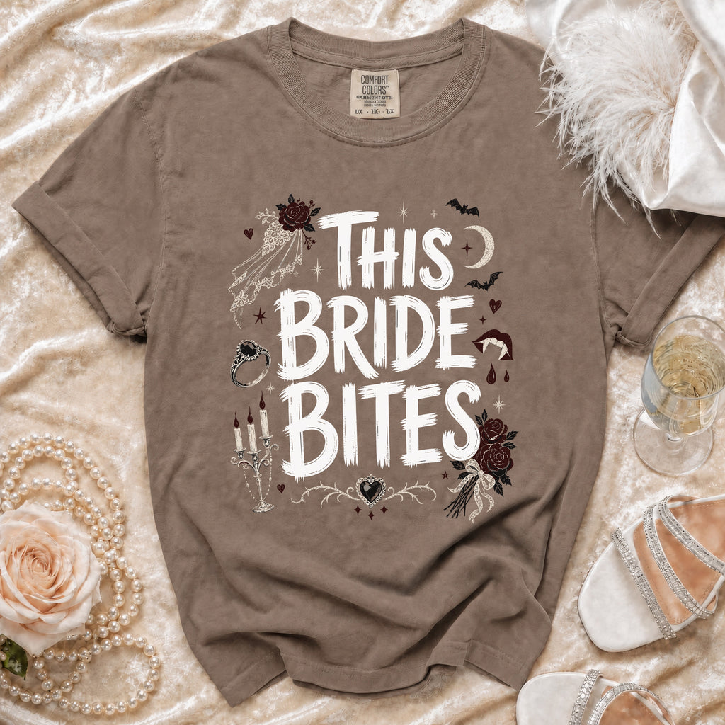 Brown t-shirt with white "This Bride Bites" graphic, gothic-themed wedding imagery.