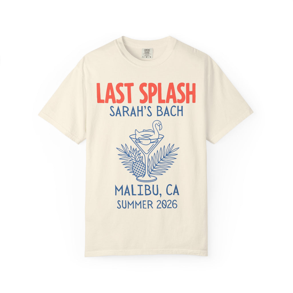 Cream t-shirt with "Last Splash Sarah's Bach Malibu, CA Summer 2026" and flamingo graphic.