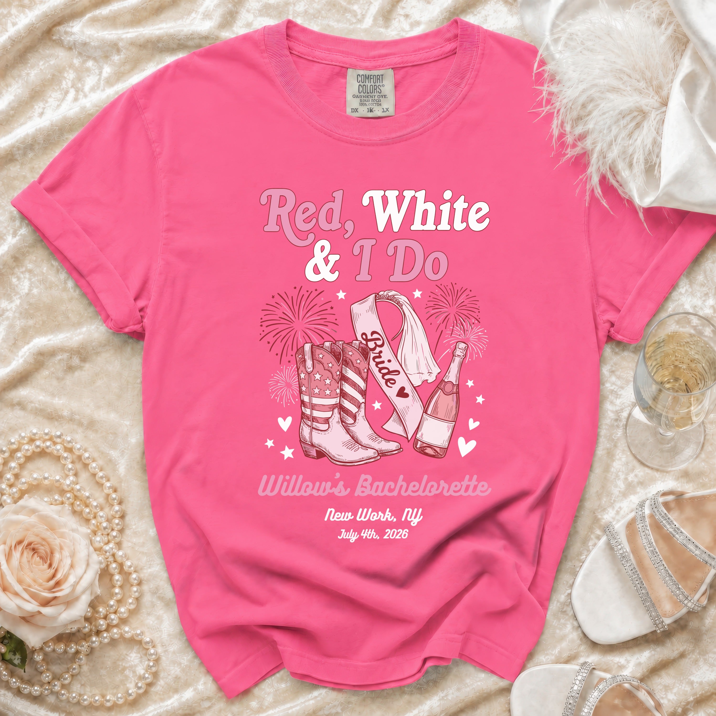 Pink bachelorette t-shirt with "Red, White & I Do" text, cowboy boots, and bride sash.