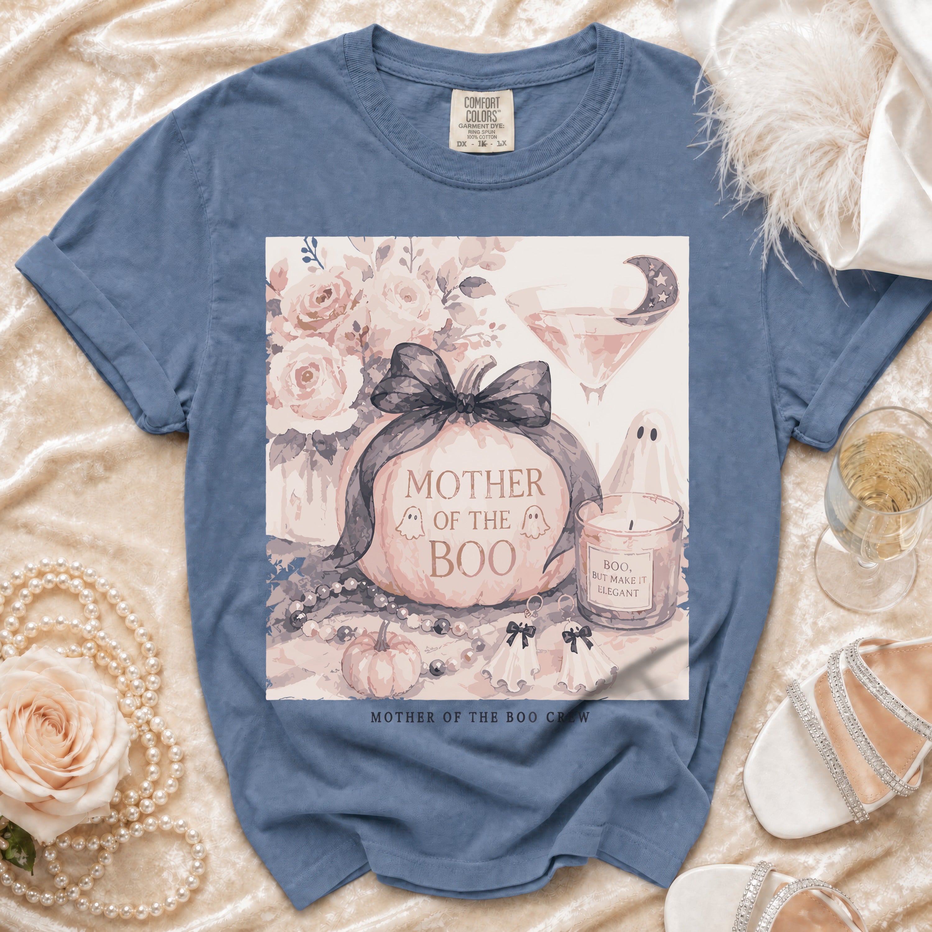 Blue t-shirt with "Mother of the Boo" and ghosts design.