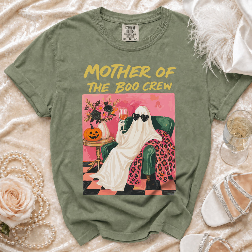 Green t-shirt with "Mother of the Boo Crew" graphic featuring a ghost drinking wine.