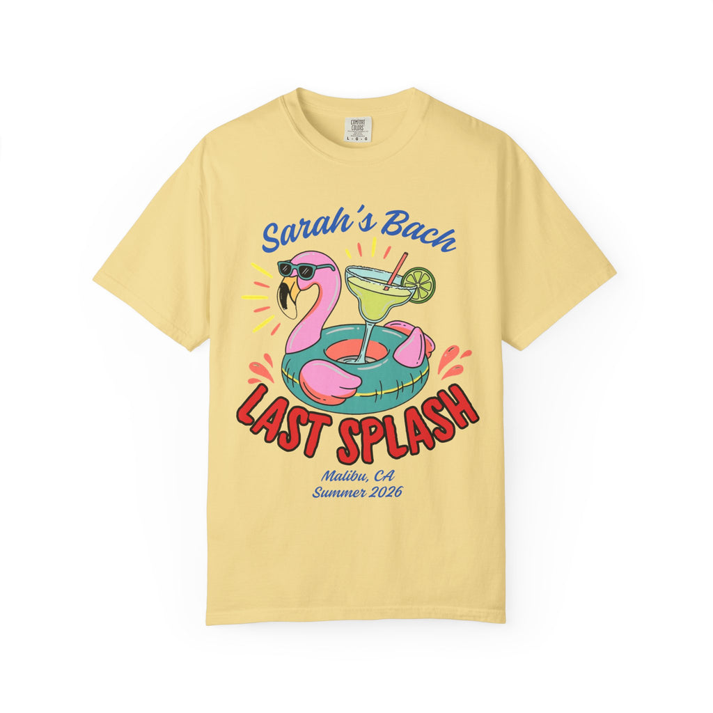 Yellow t-shirt with "Sarah's Bach Last Splash" text and a flamingo float.