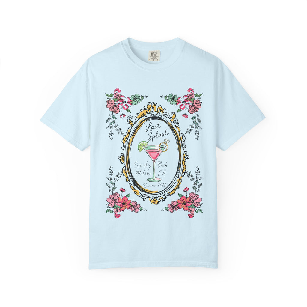 Light blue t-shirt with "Last Splash" text and floral frame.