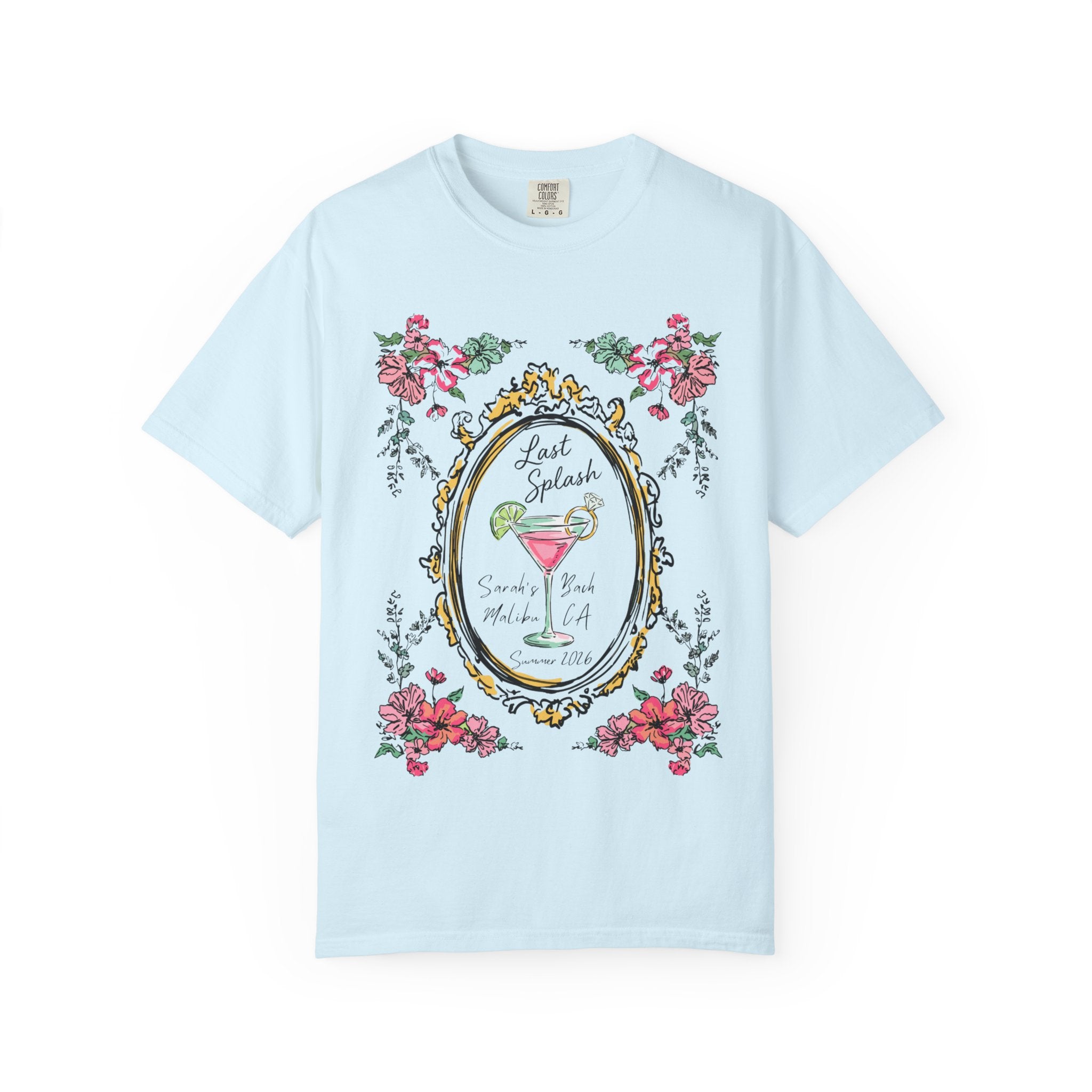 Light blue t-shirt with "Last Splash" text and floral frame.
