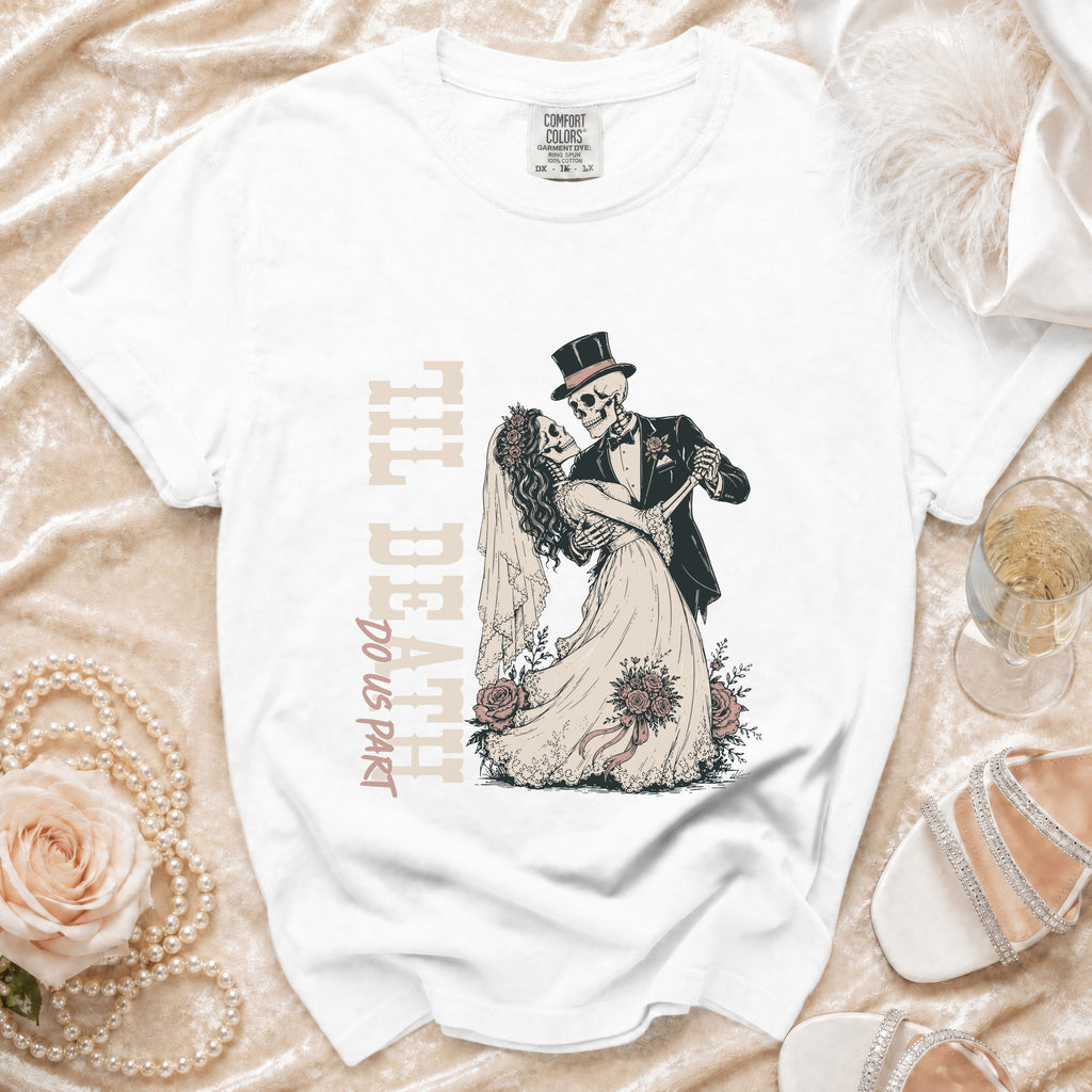 White t-shirt with skeleton bride and groom graphic and "Til Death Do Us Part" text.