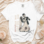 White t-shirt with skeleton bride and groom graphic and "Til Death Do Us Part" text.