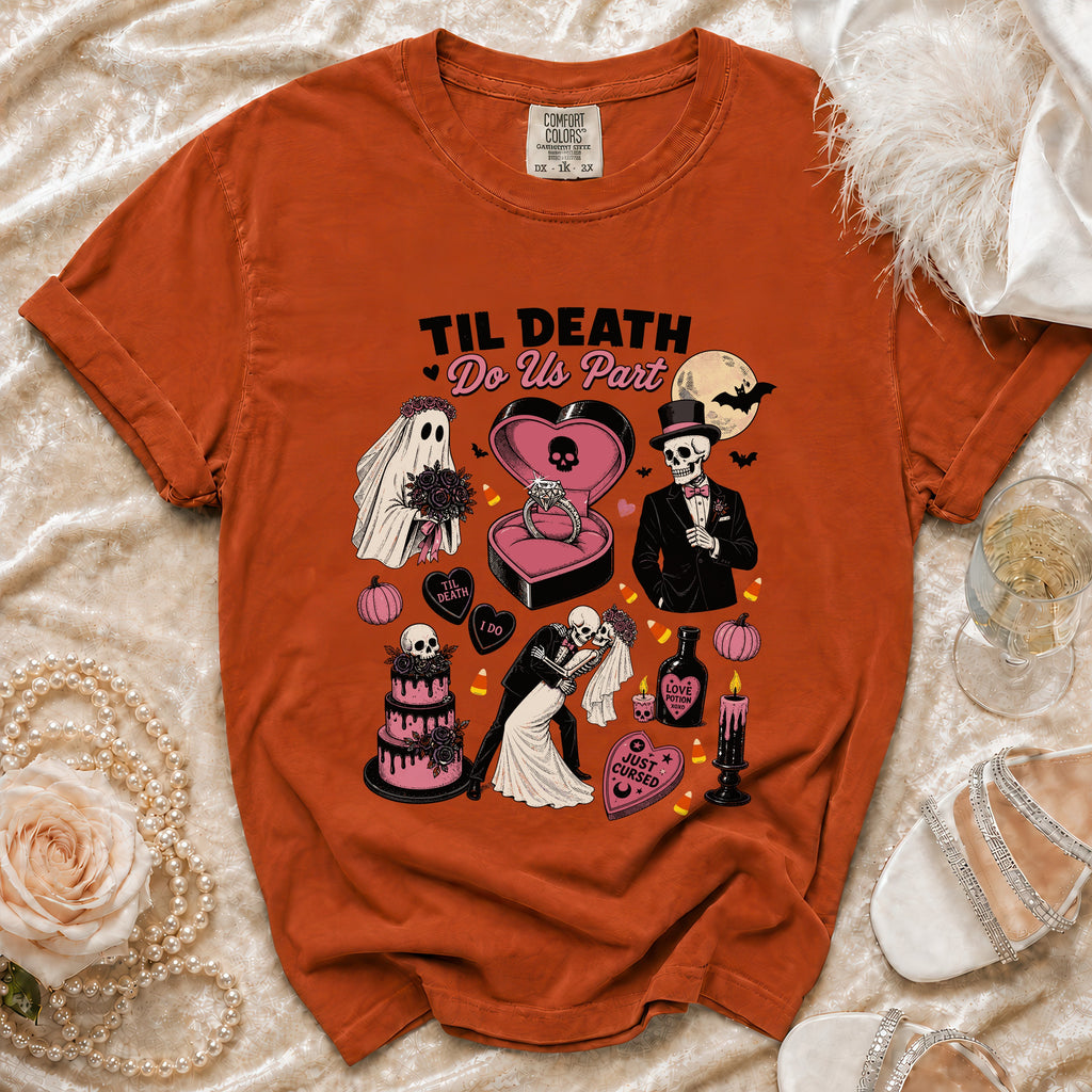Orange t-shirt with "Til Death Do Us Part" Halloween wedding graphic.