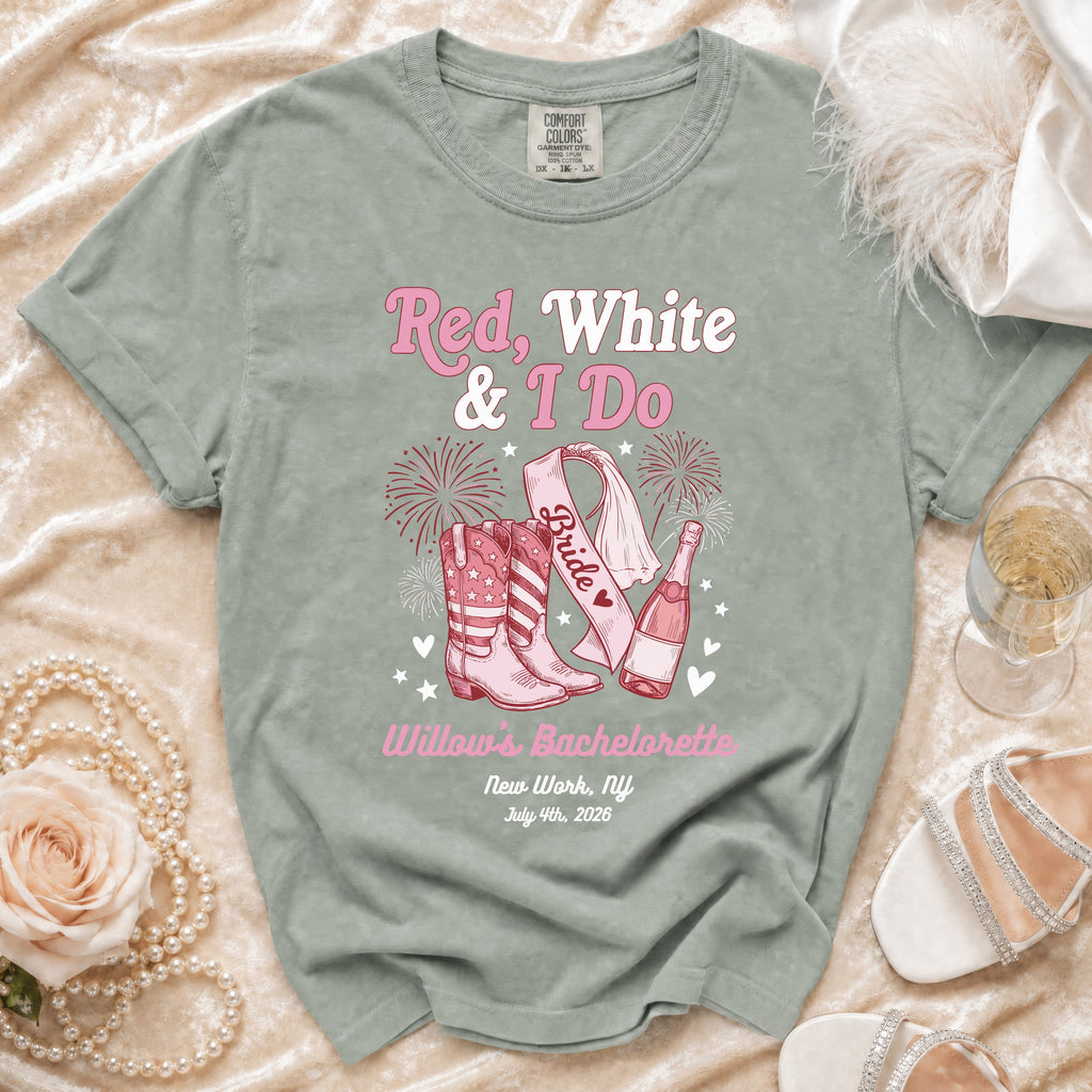 Red, White & I Do Bride bachelorette t-shirt with cowboy boots and champagne.