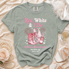 Red, White & I Do Bride bachelorette t-shirt with cowboy boots and champagne.