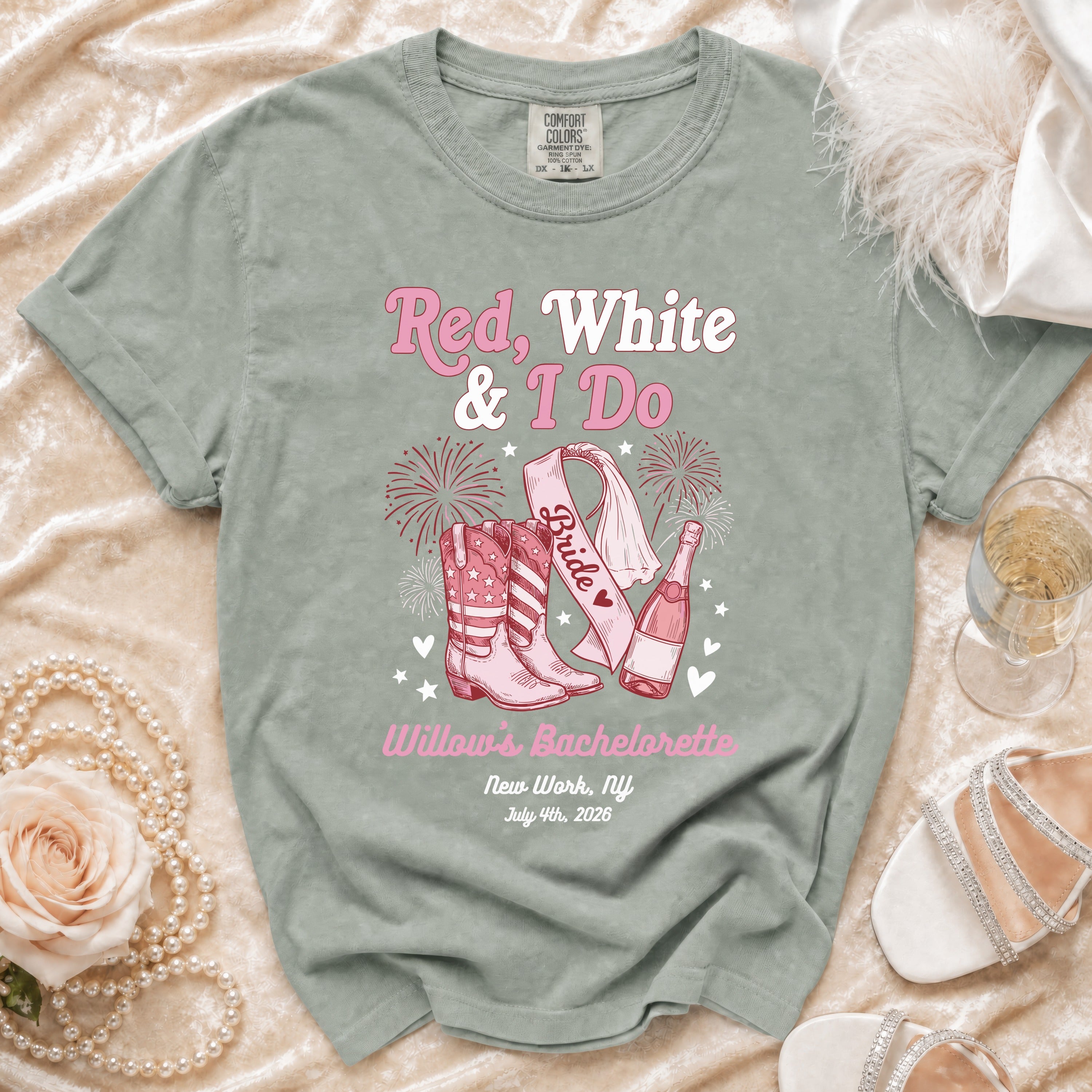Red, White & I Do Bride bachelorette t-shirt with cowboy boots and champagne.