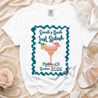 White t-shirt with "Sarah's Bach Last Splash Malibu, CA Summer 2026" and cocktail graphic.
