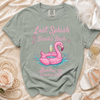 "Last Splash Sarah's Bach Malibu, CA Summer 2026" graphic on a sage green t-shirt.