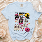 Light blue t-shirt with "Til Death Can't Do Us Part" Halloween graphic.