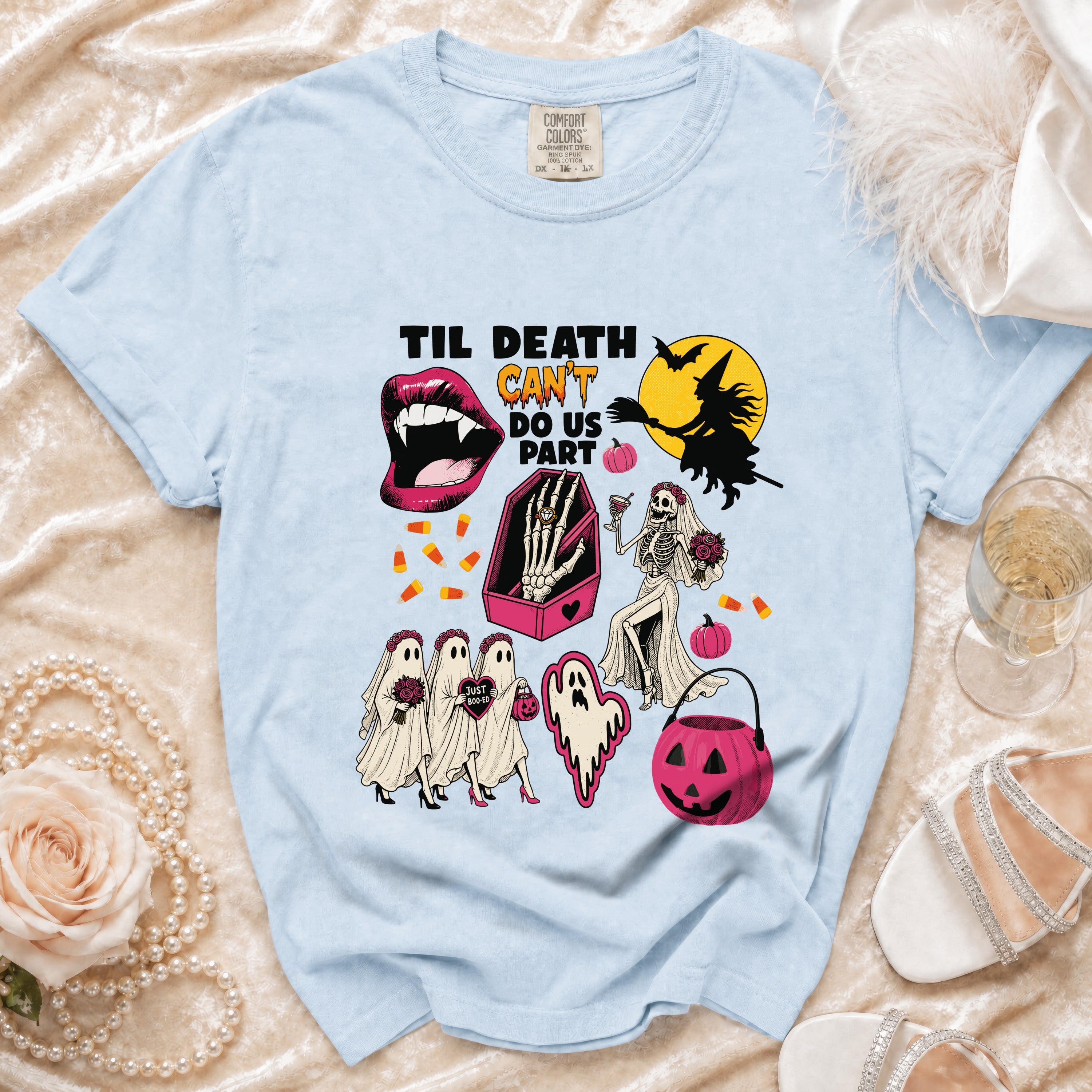 Light blue t-shirt with "Til Death Can't Do Us Part" Halloween graphic.