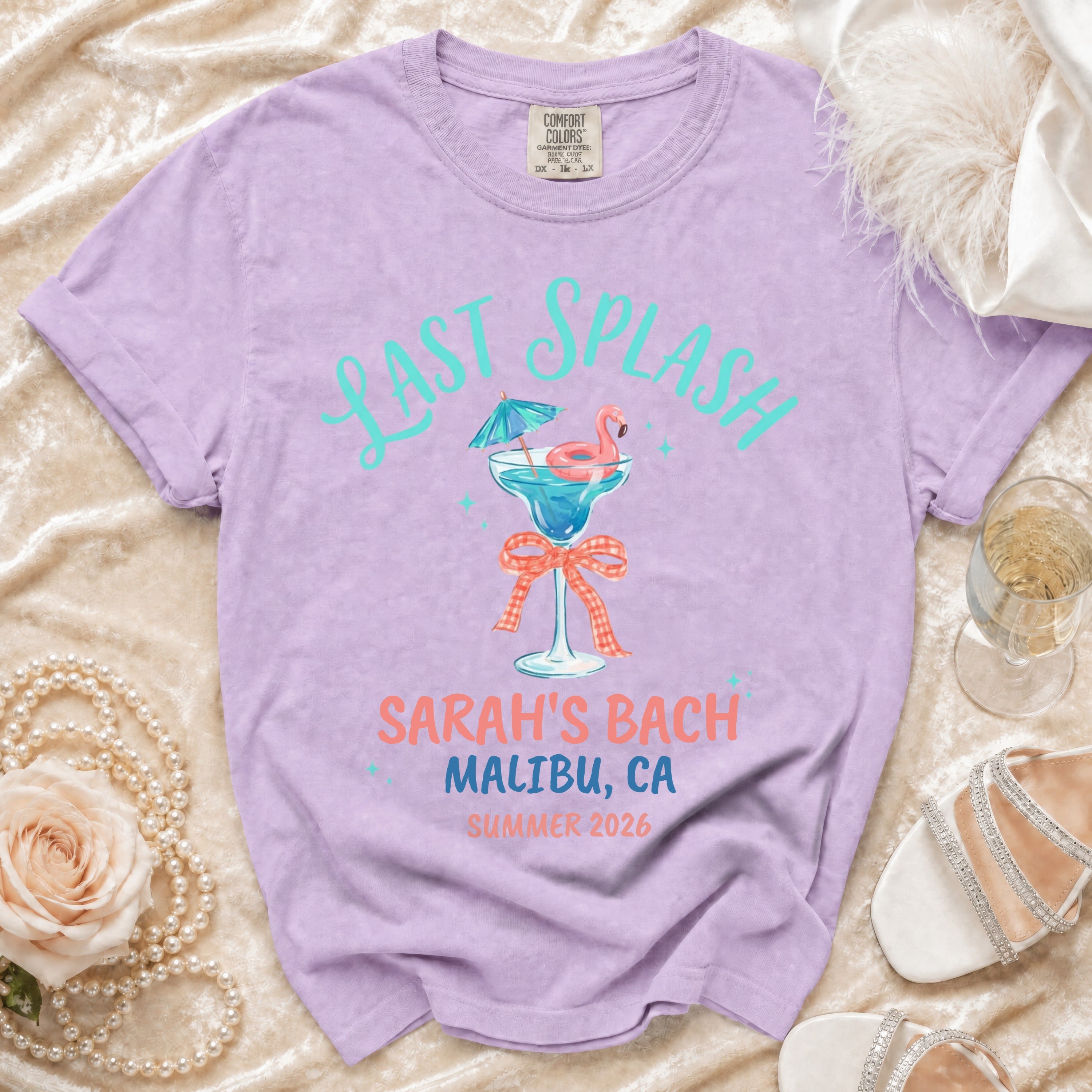 Purple t-shirt with "Last Splash" and "Sarah's Bach Malibu, CA Summer 2026".