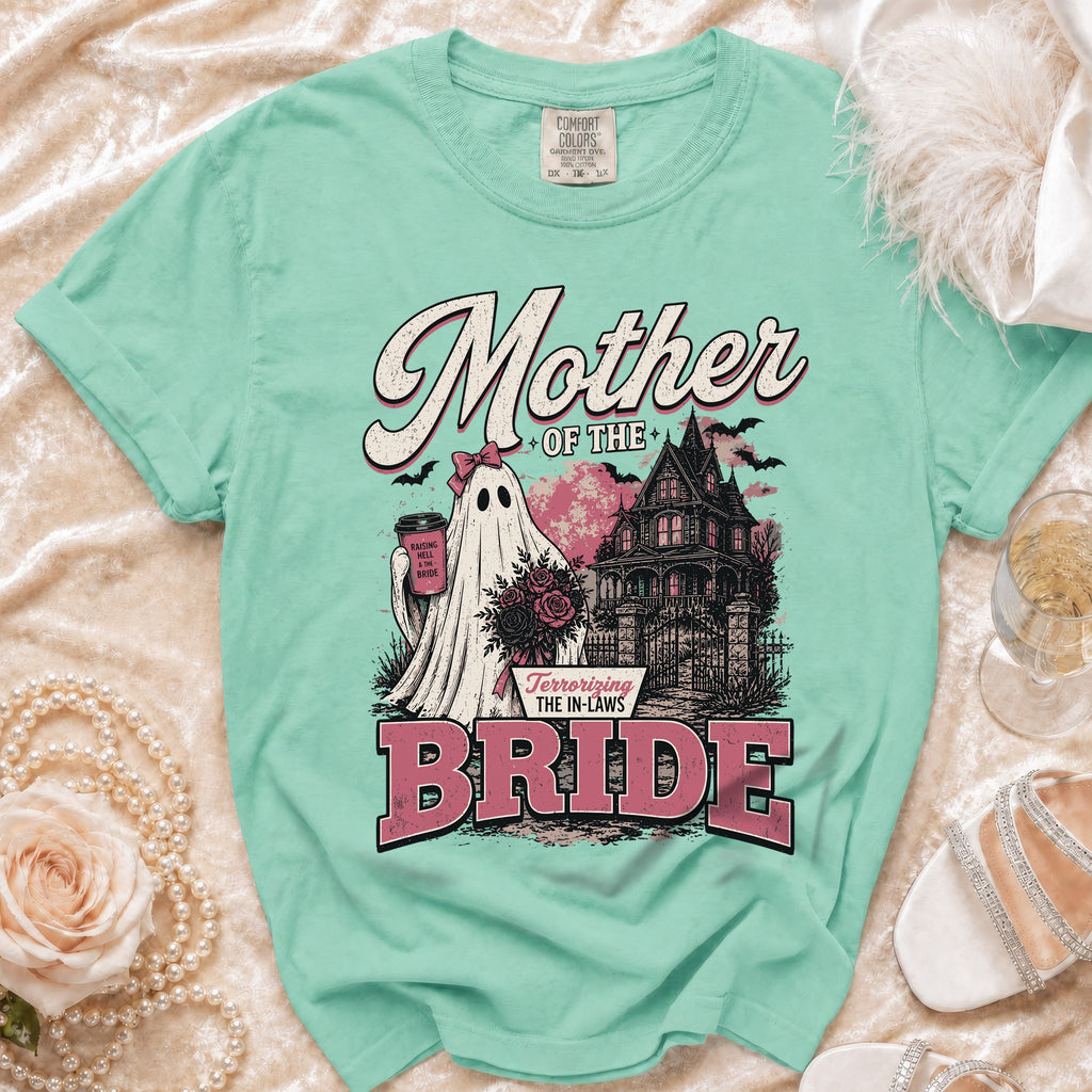 Ghost bride with a bouquet says "Mother of the Bride Terrorizing the In-Laws."