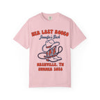 Pink t-shirt with "Her Last Rodeo Jennifer's Back Nashville, TN Summer 2026" and cowboy boot graphic.