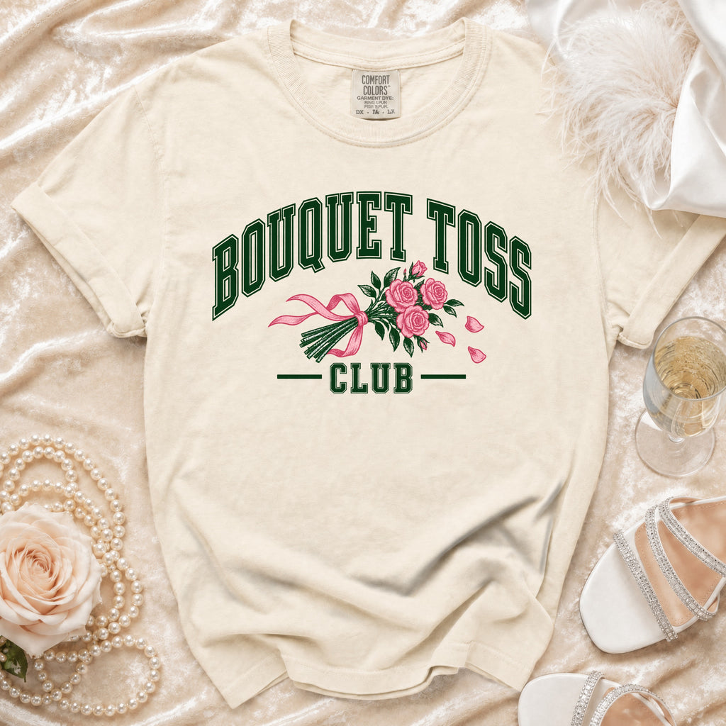 Cream t-shirt with "BOUQUET TOSS CLUB" text and floral graphic.