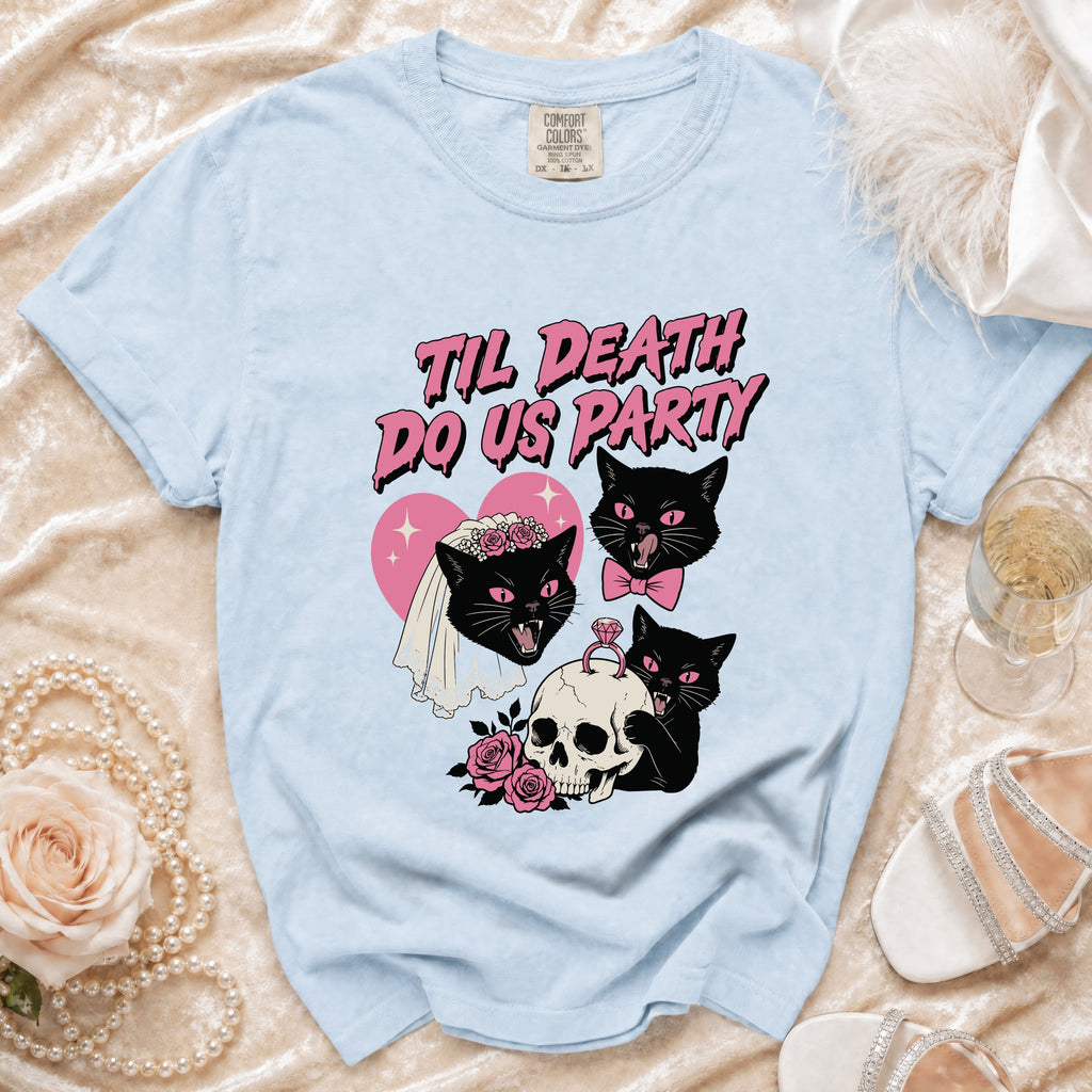 Light blue Comfort Colors t-shirt with black cats, skull, and pink text.