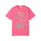 Pink t-shirt with "Last Splash" seashell and wave graphic.