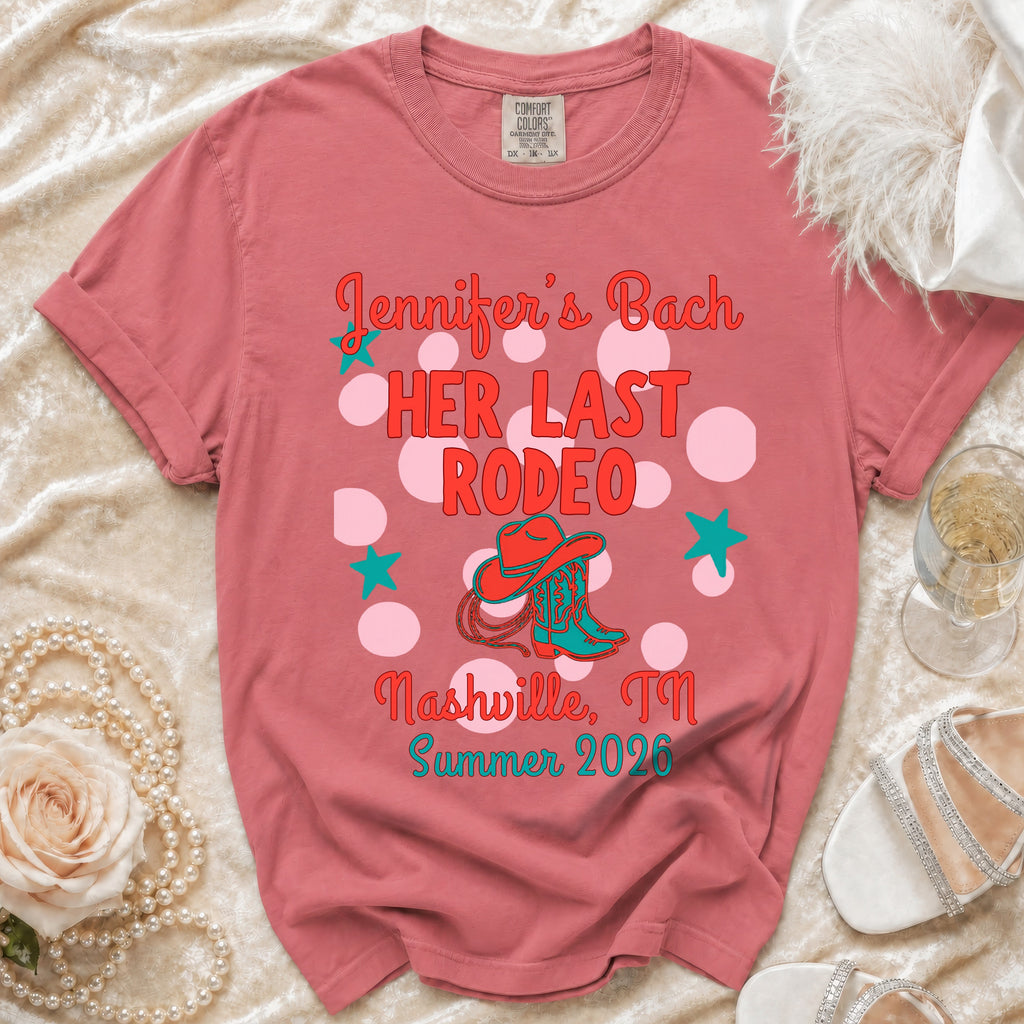 "Jennifer's Bach Her Last Rodeo" t-shirt with western motifs.