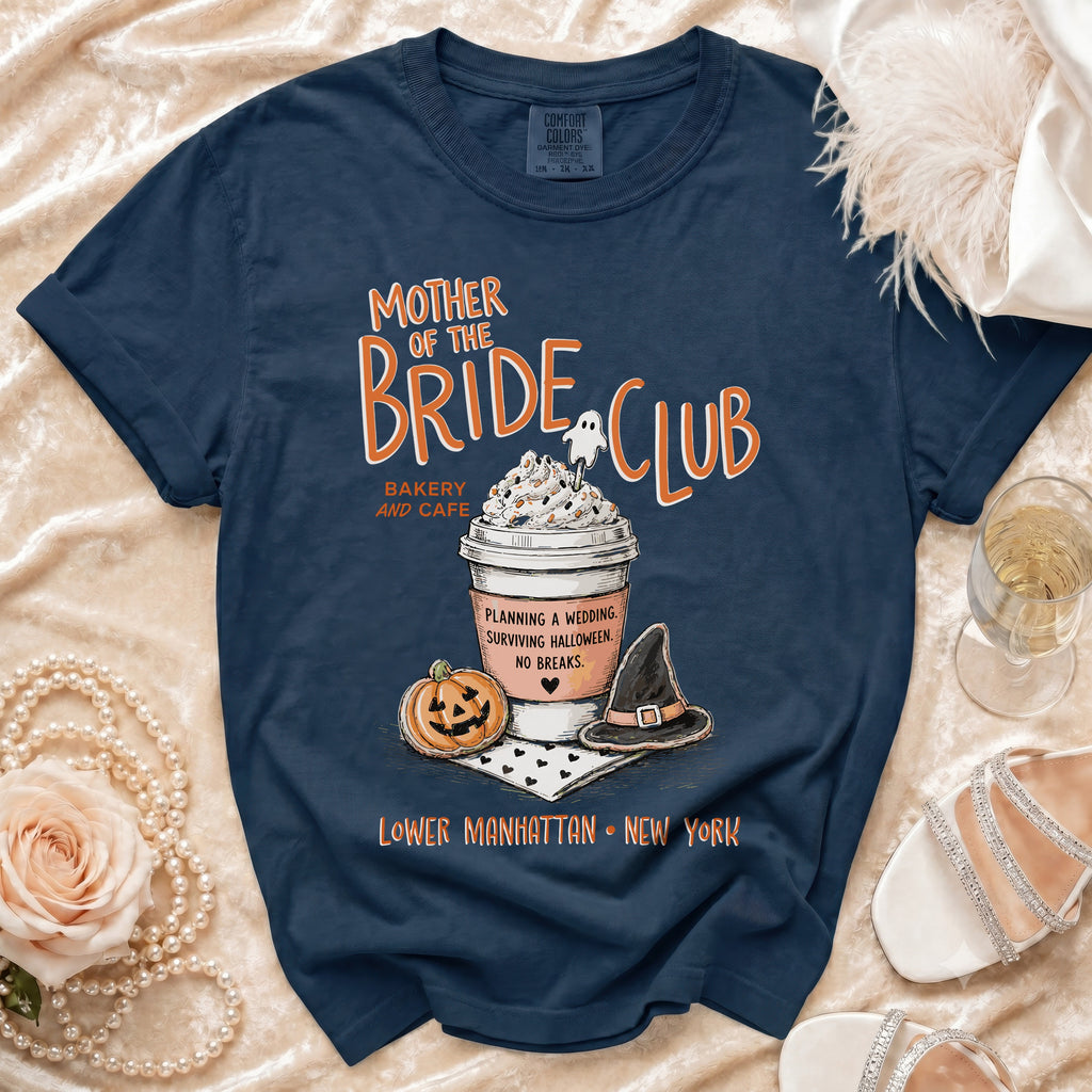 Navy t-shirt with "Mother of the Bride Club" Halloween-themed graphic.