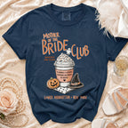 Navy t-shirt with "Mother of the Bride Club" Halloween-themed graphic.