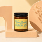 Amber jar candle with "Two grooms, endless love" text on a yellow label.