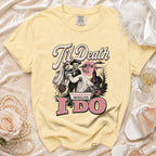 Yellow t-shirt with "Til Death" and skeleton couple design, "I DO" text.