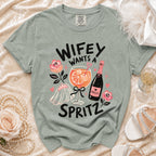 T-shirt with "Wifey Wants a Spritz" text, prosecco, and wedding veil graphic.