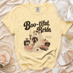 Yellow t-shirt with "Boo-tiful Bride" graphic, ghost bride, and romantic spooky details.