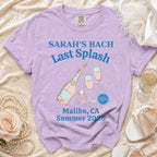 Purple t-shirt with "Sarah's Bach Last Splash" and Malibu, CA Summer 2026.
