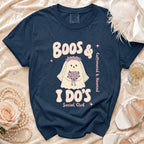 Navy shirt with "Boos & I Do's Social Club" and ghost graphic.