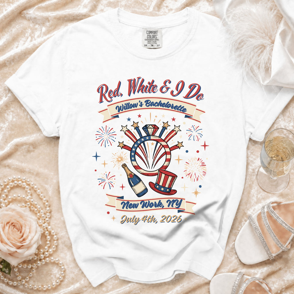 White t-shirt with "Red, White & I Do" bachelorette graphic.