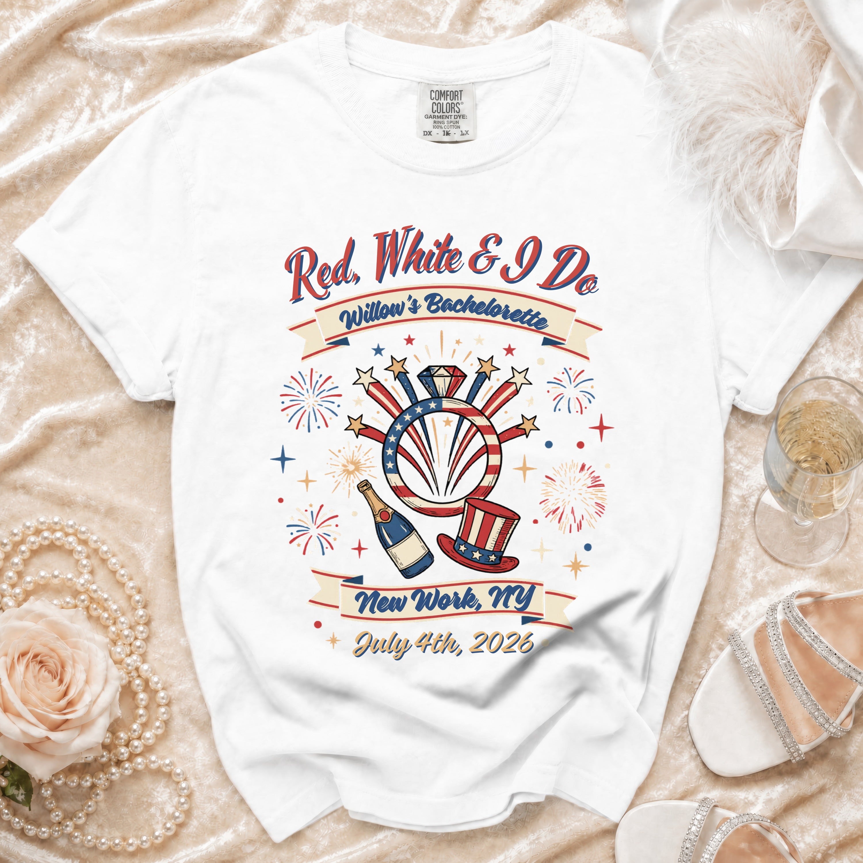 White t-shirt with "Red, White & I Do" bachelorette graphic.