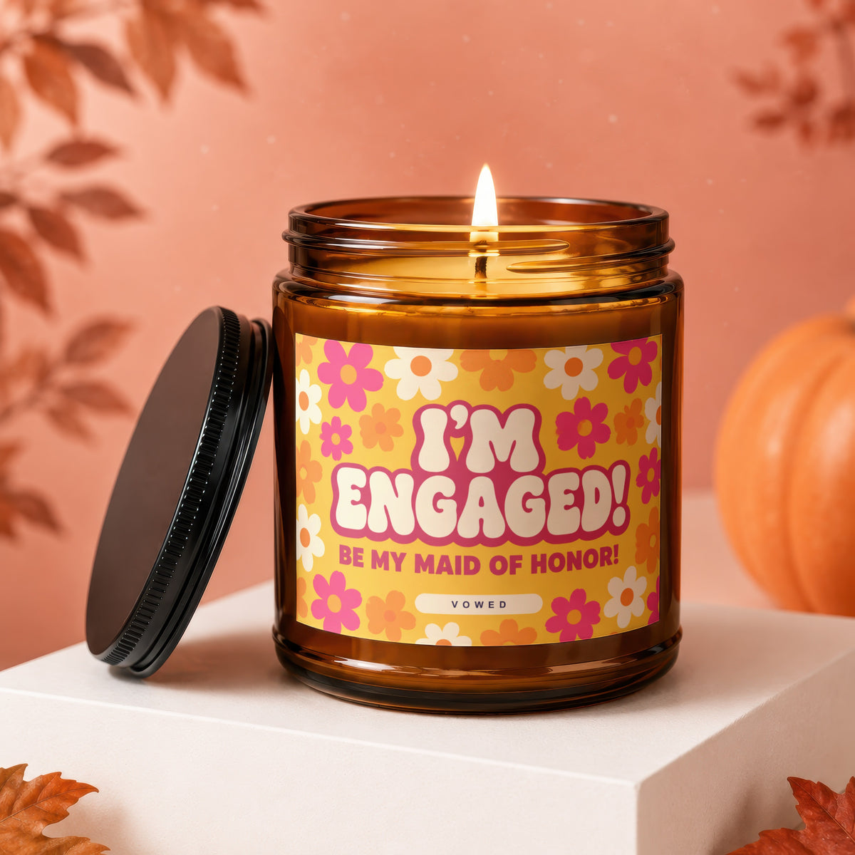 Amber glass candle with "I'm Engaged! Be My Maid of Honor!" label.